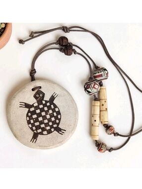 Native American Turtle Necklace Acoma Pottery Pendant Signed Dolores Lewis NM